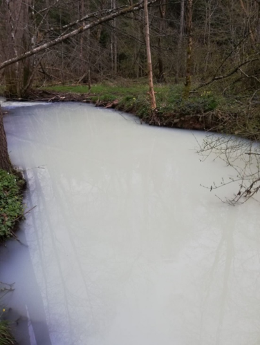 Photo prise par un randonneur en mars 2023 de « l’eau blanche » du  ruisseau de Vieux Fourneau.